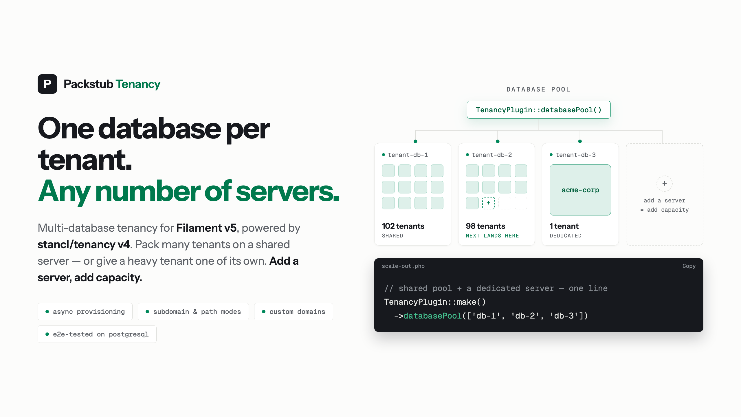 Packstub Tenancy — one database per tenant, any number of servers. Multi-database tenancy for Filament v5, powered by stancl/tenancy v4, with a load-balanced database pool.